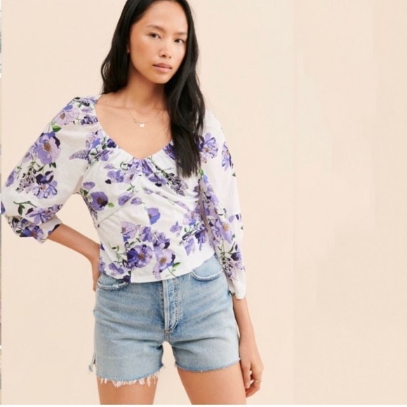 ANTHROPOLOGIE Floral V Neck ruched knit top size M - Picture 6 of 16